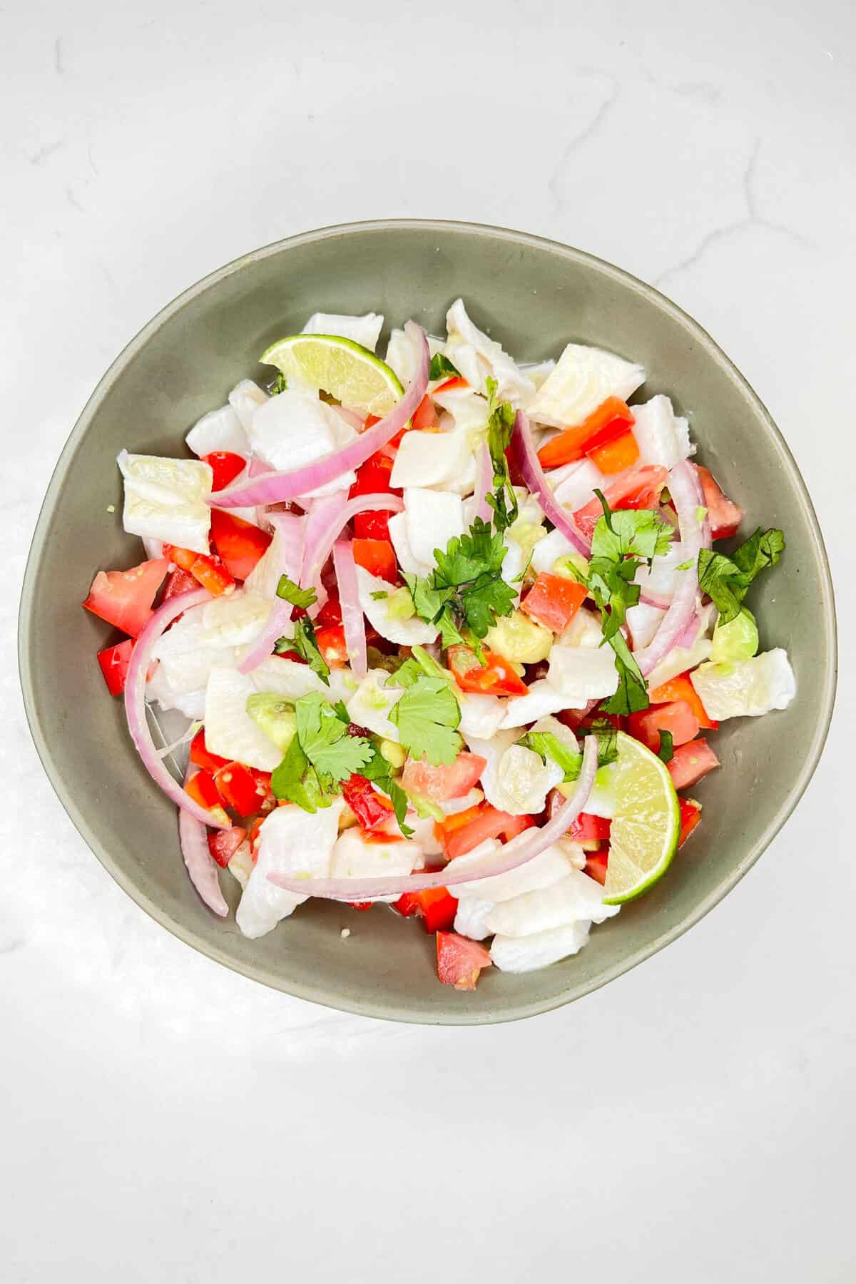 Finished ceviche in a bowl, ready to be served.