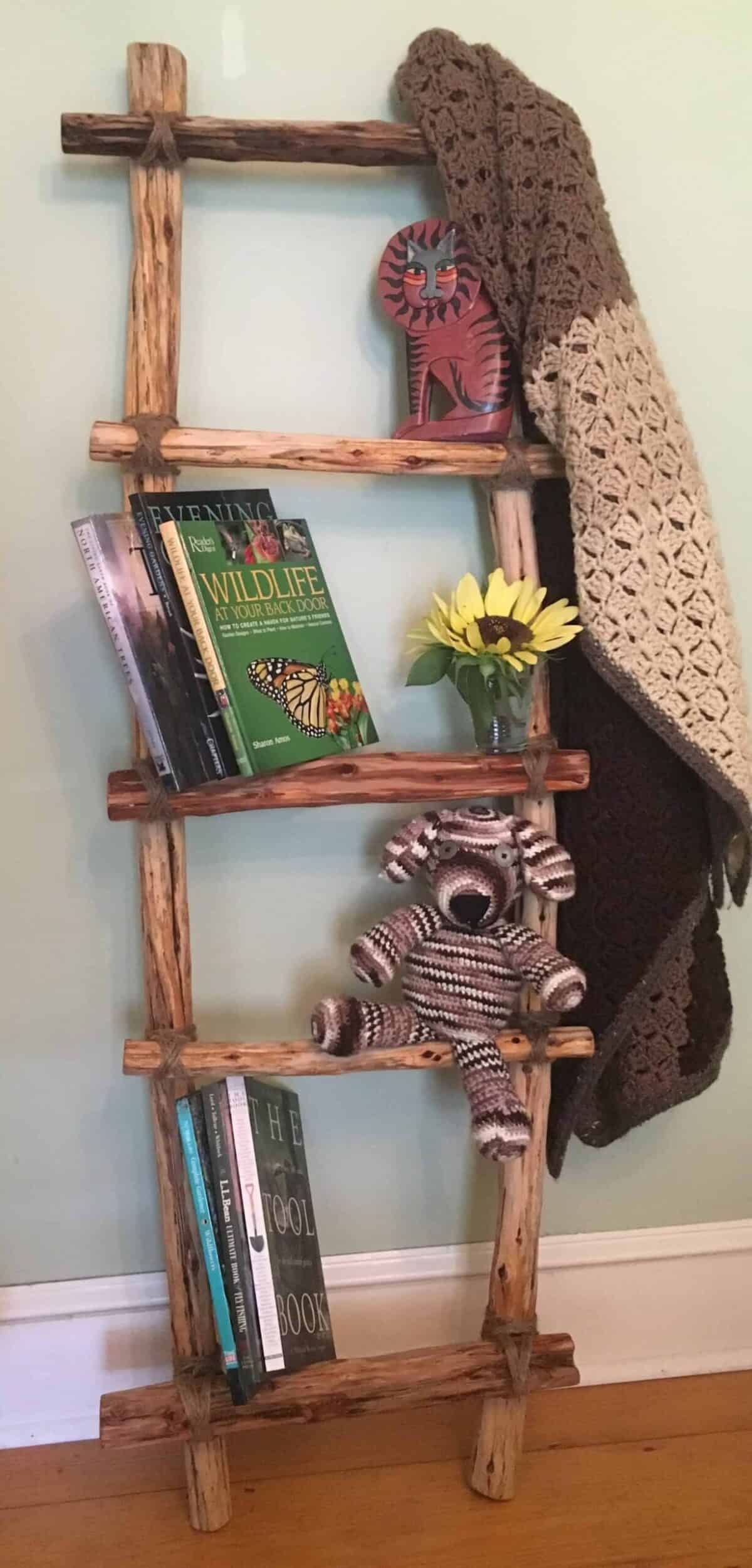 Ladder with books, dolls, and flowers.