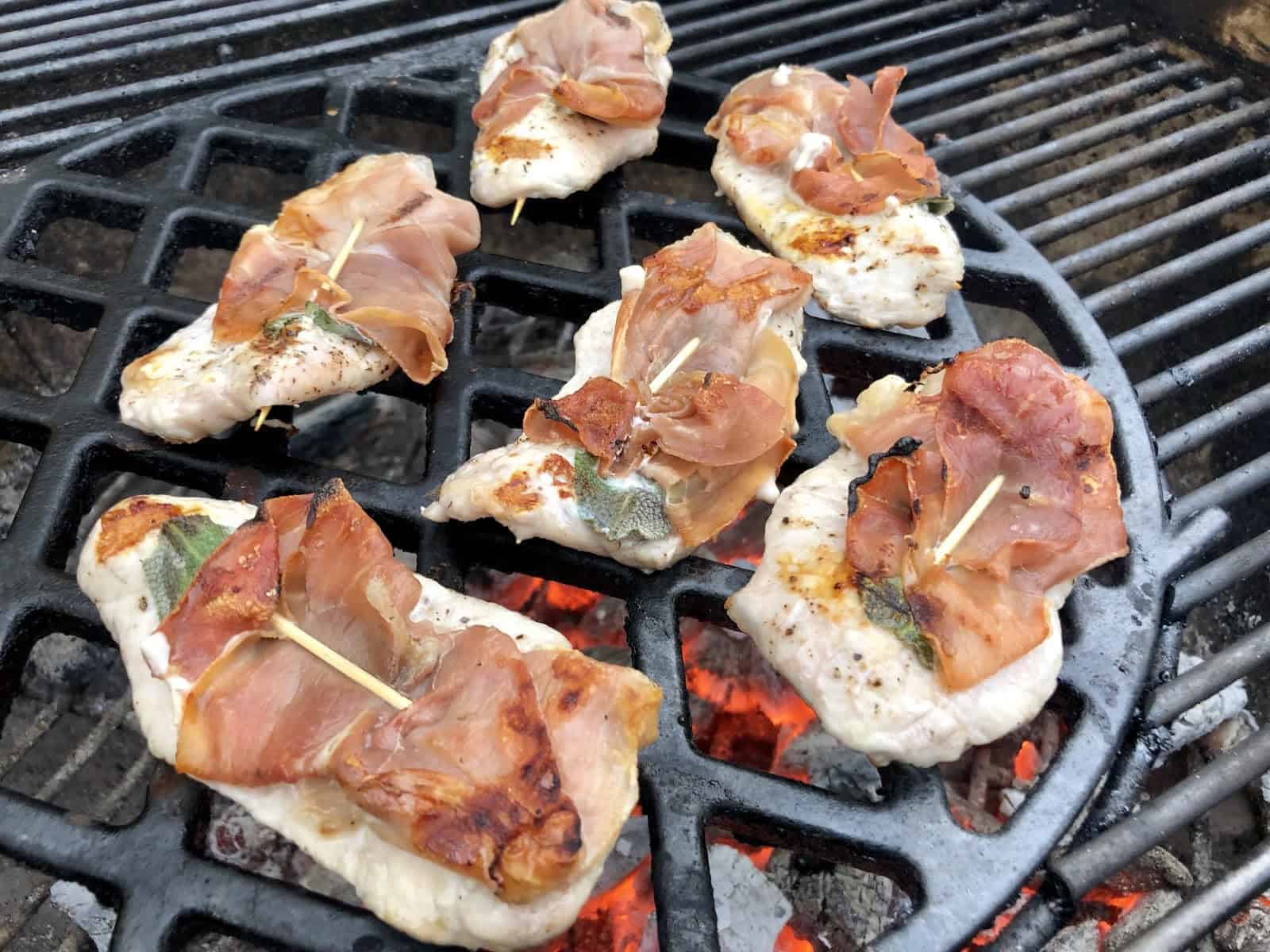 Saltimbocca cooking on the grill.