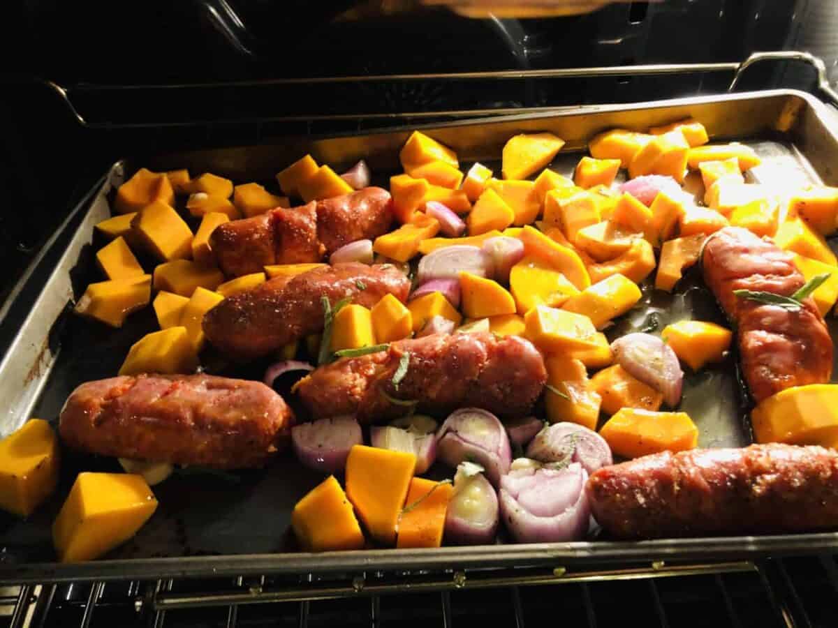 Everything on a sheet pan in the oven.