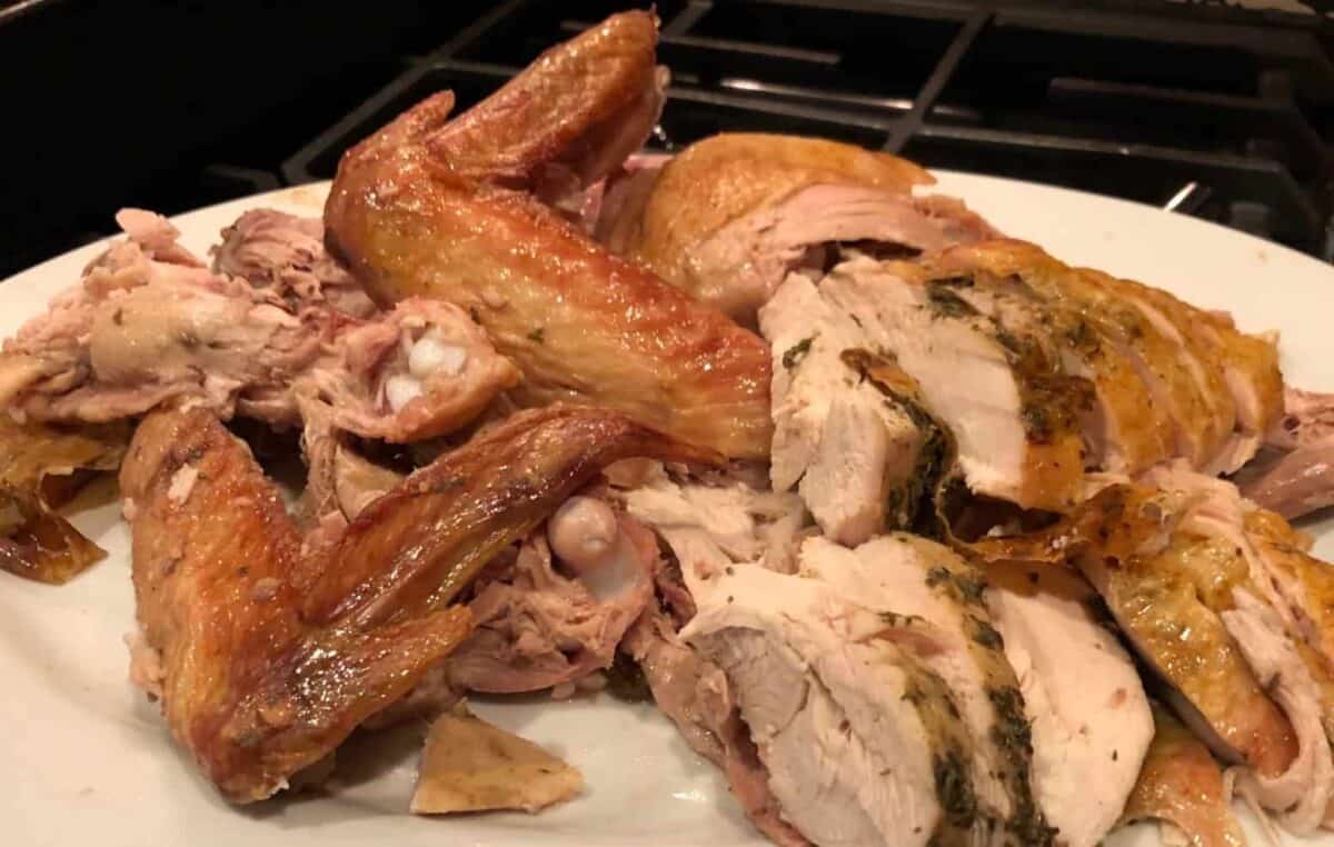 Sliced turkey on a platter.