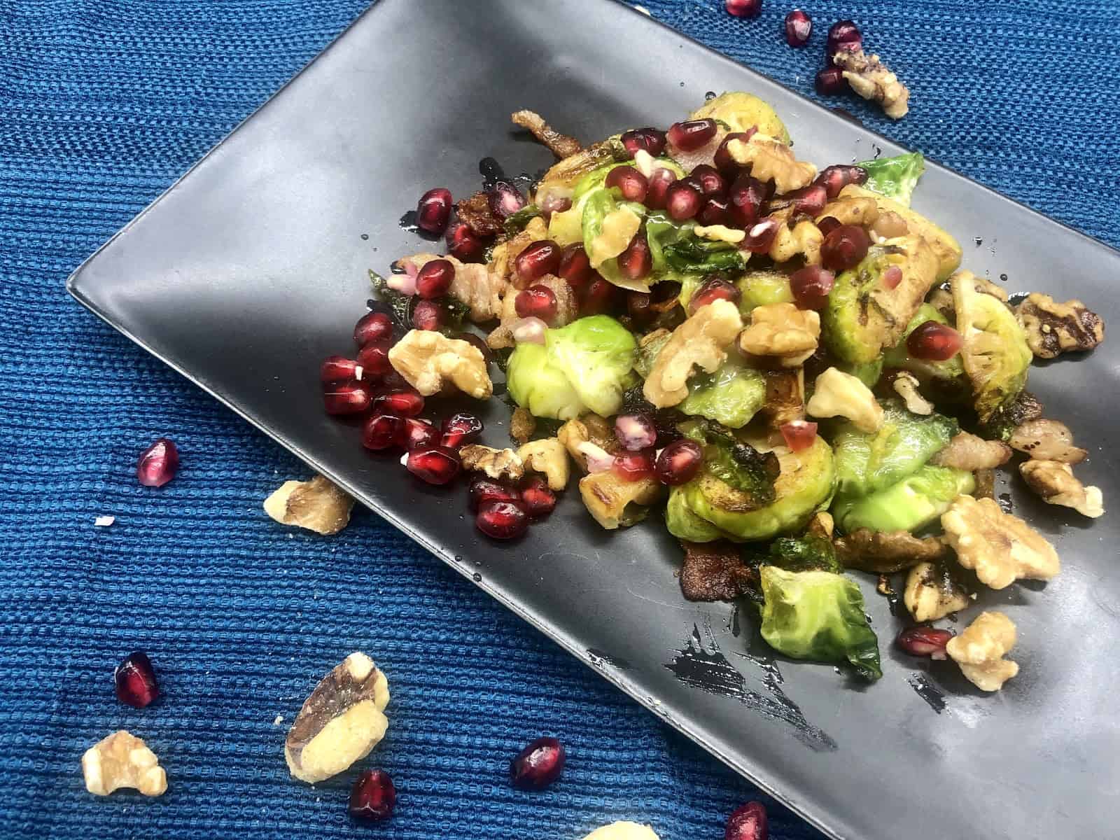 Brussels Sprouts with Bacon, Walnuts, and Pomegranate