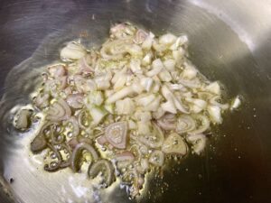 Shrimp Scampi - First shallots, than garlic - not together (Photo by Erich Boenzli)