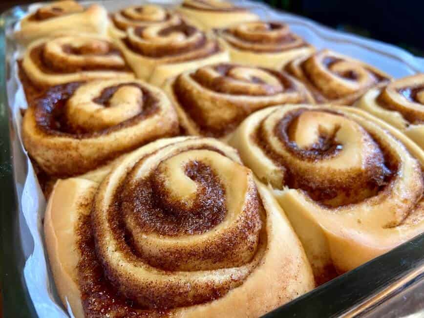 Formed rolls in a baking dish.