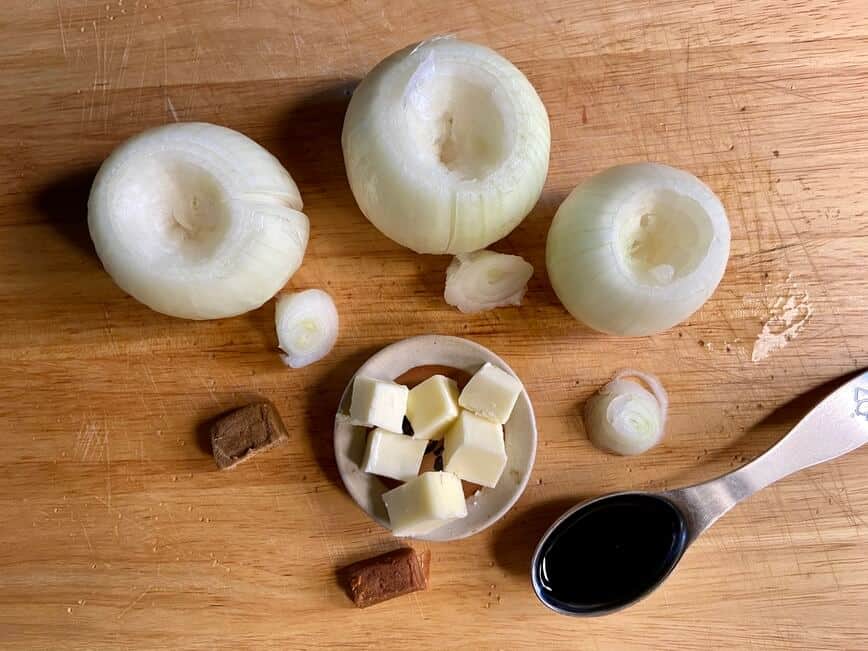 Onions, butter, bouillon cube, and soy sauce.