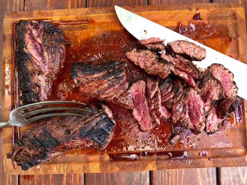 Perfectly grilled hanger steak, carved against the grain.