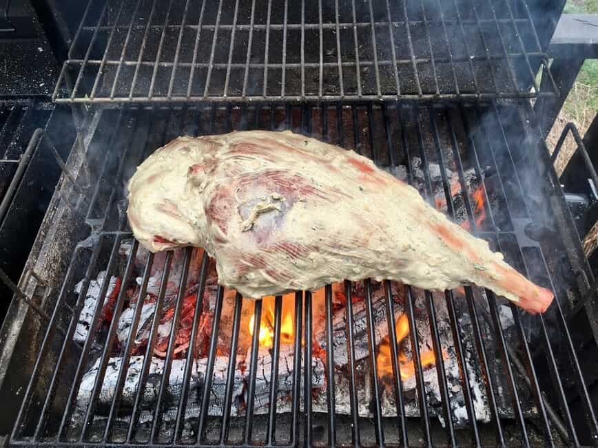 5-pound whole leg of lamb on the grill.