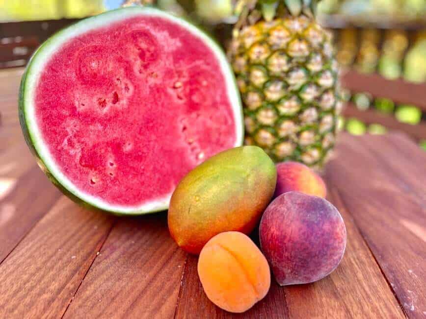 Watermelon, pineapple, mango, apricot, and peaches on a table.