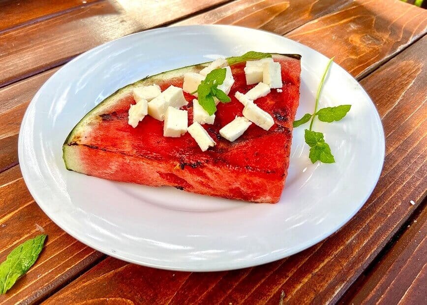 Grilled watermelon with feta cheese and fresh mint.