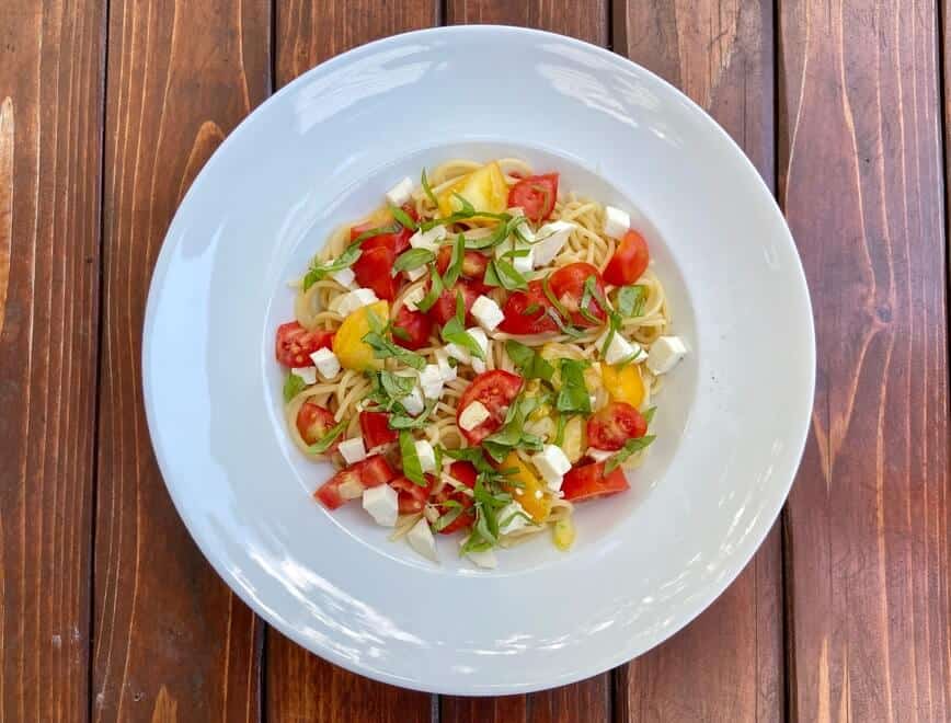 Tomato basil mozzarella pasta.