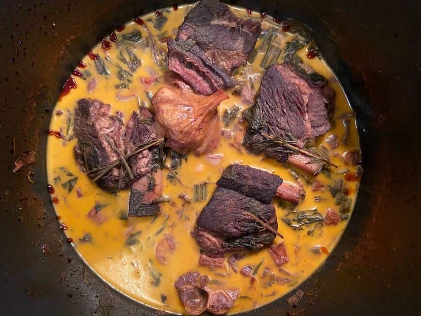 Braised Short Ribs - The fat will harden up in the fridge overnight, easily removed with a large spoon (Photo by Erich Boenzli)