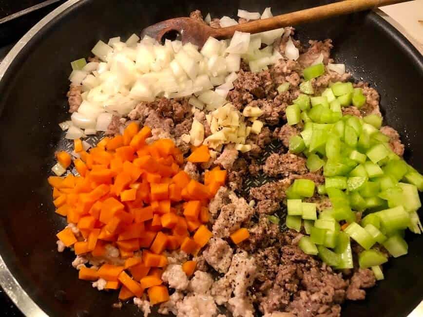 Face Meat Pie - A simple mirepoix with some garlic (Photo by Erich Boenzli)