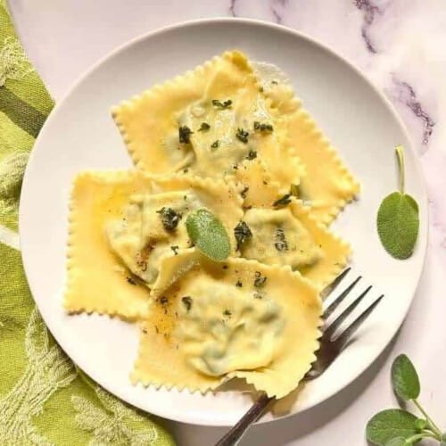 Homemade spinach ricotta ravioli.