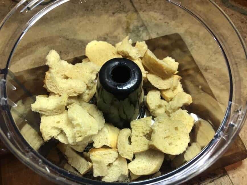 Bread chunks in food processor.