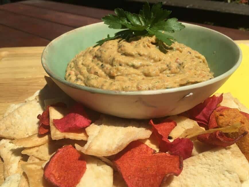 Roasted red bell pepper and black olive hummus.