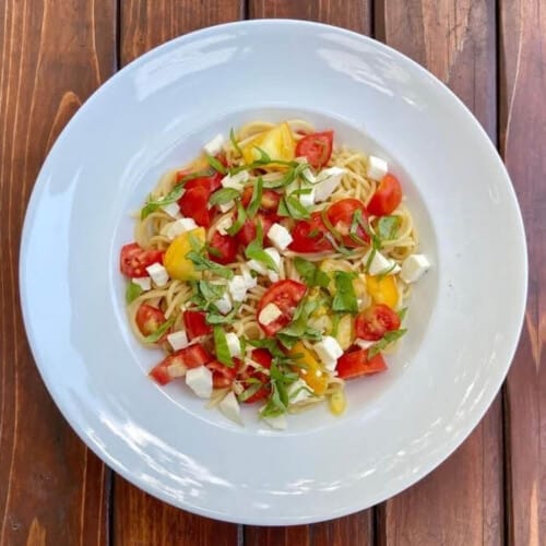 Tomato basil mozzarella pasta.