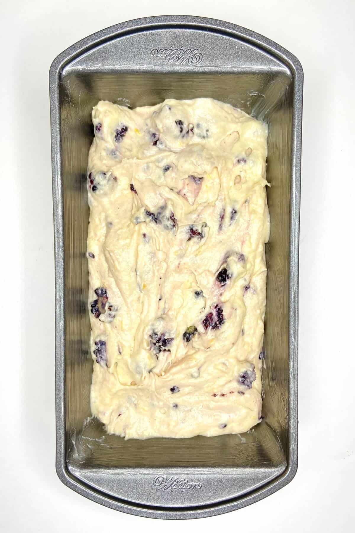 Mixed batter in the loaf pan. 