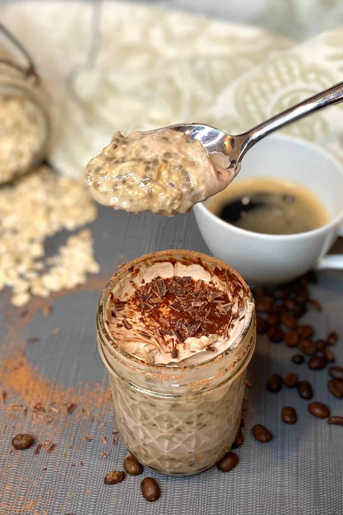 A spoonful of overnight oats, ready to enjoy.