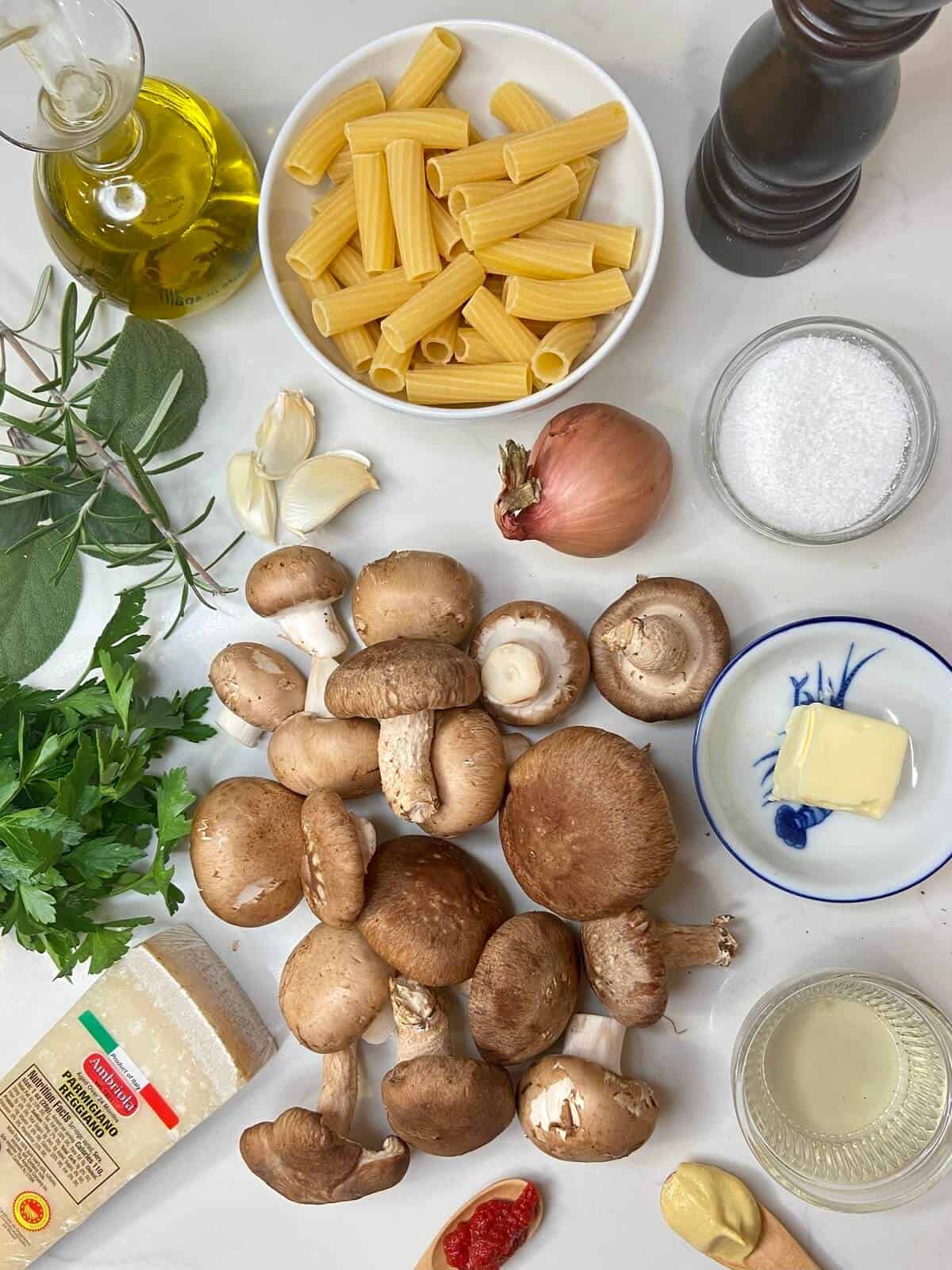 Ingredients on white table.