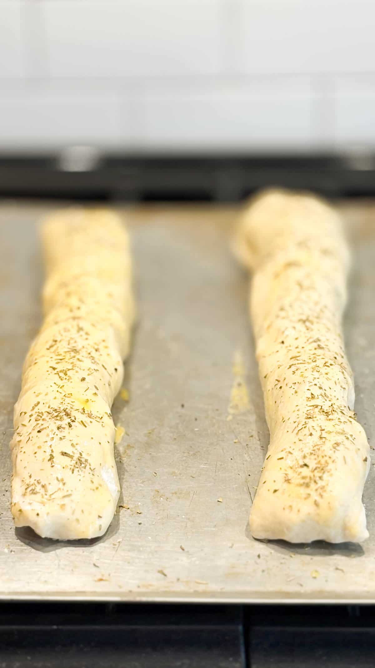 On a baking sheet, ready for the oven.