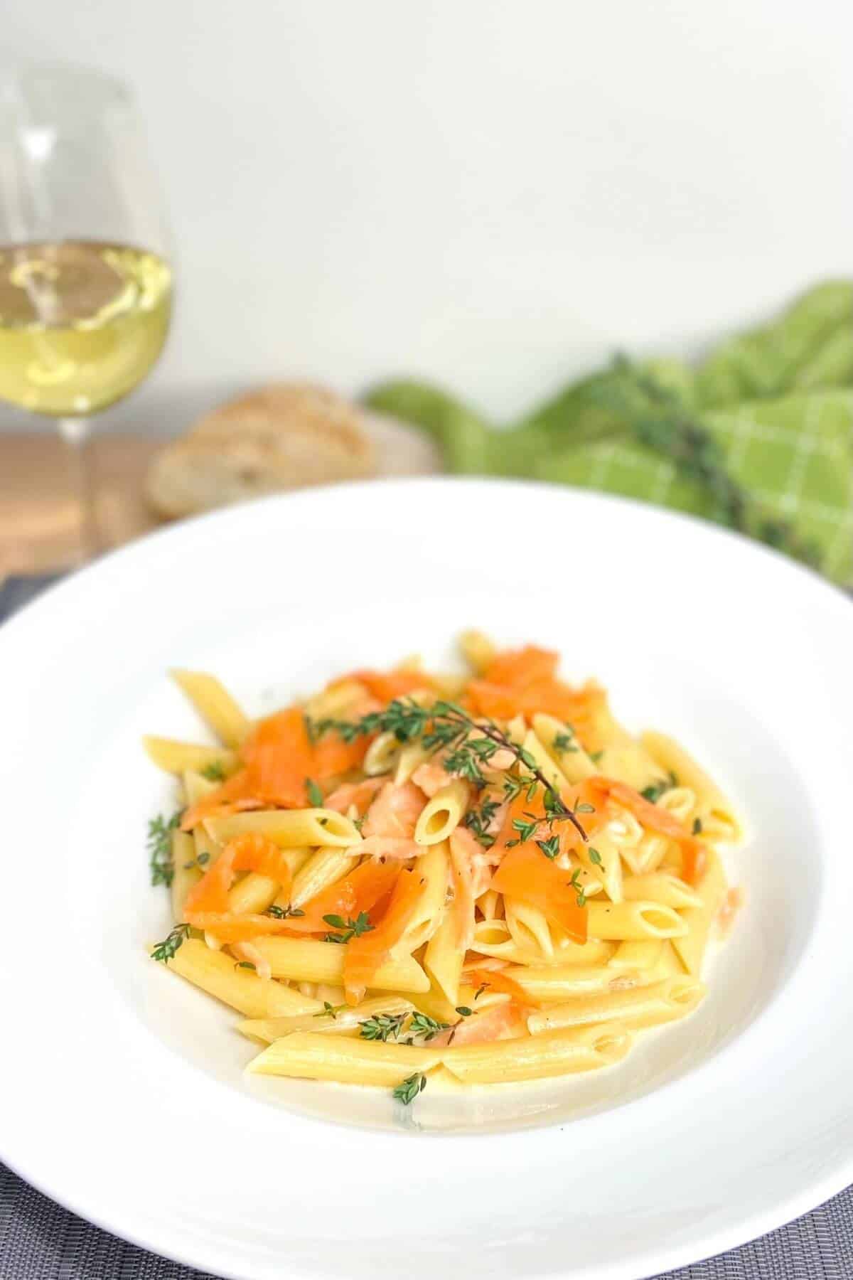 Penne with cream and smoked salmon.