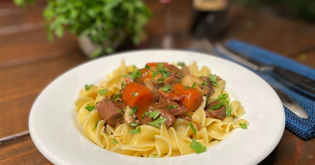 Beef bourguignon on plate.