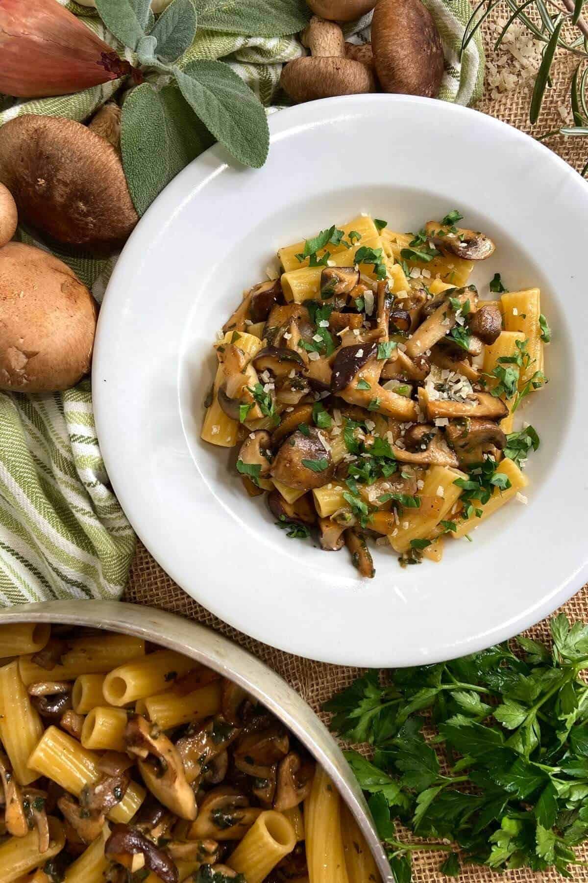 Mushroom pasta on plate.