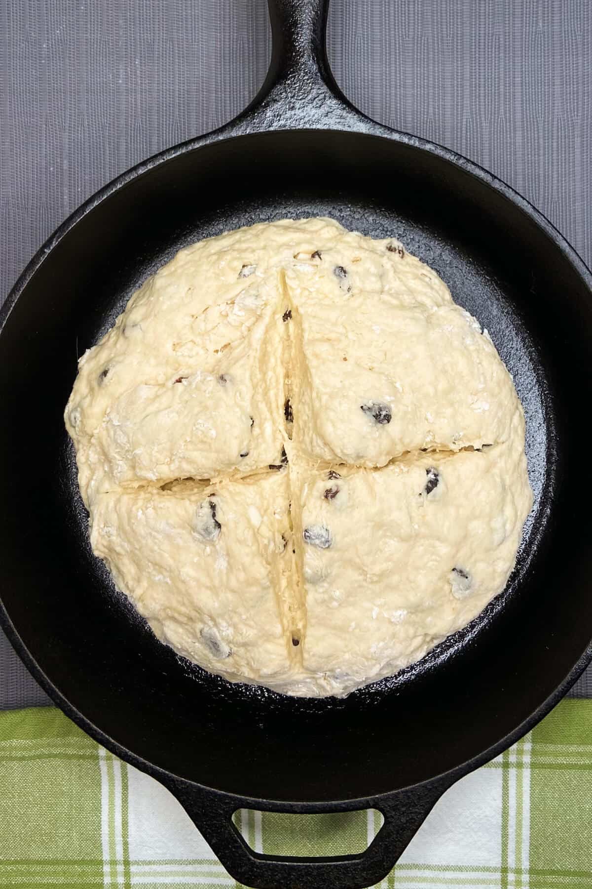Dough in the pan, ready to be baked.