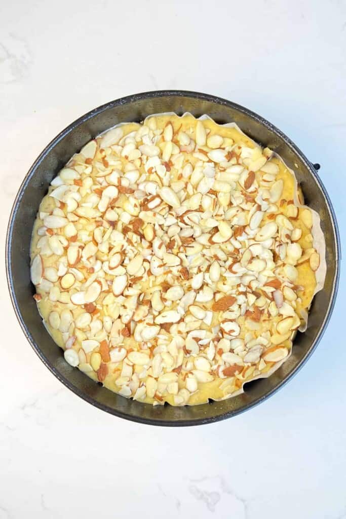 sugar and almonds sprinkled on top of cake batter in pan
