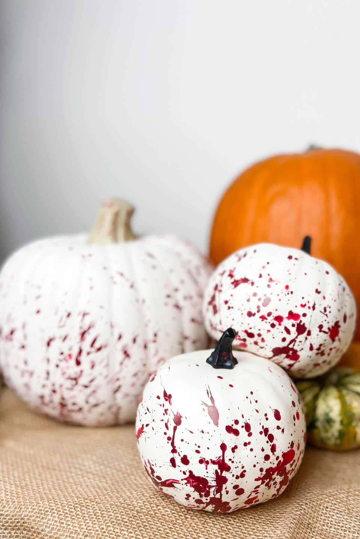 Pumpkins sitting on a burlap covered table.