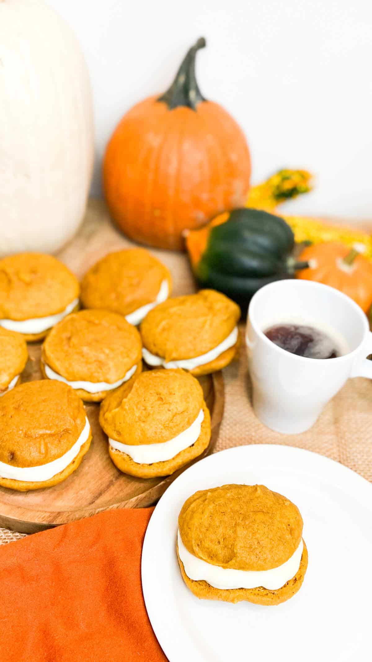 Finished whoopie pies, with a cup of coffee.