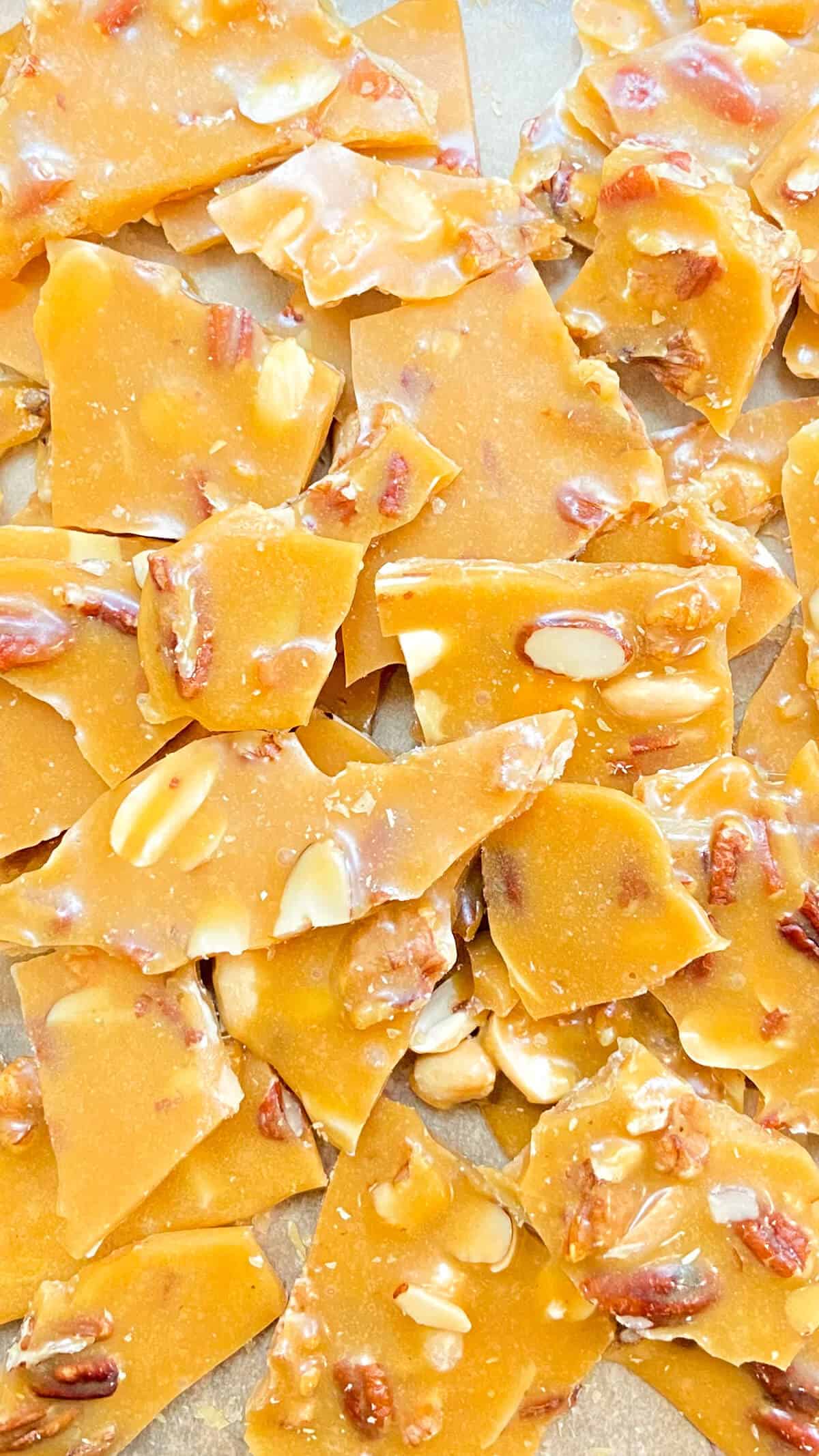 Mixed nuts in pieces of brittle on a countertop.