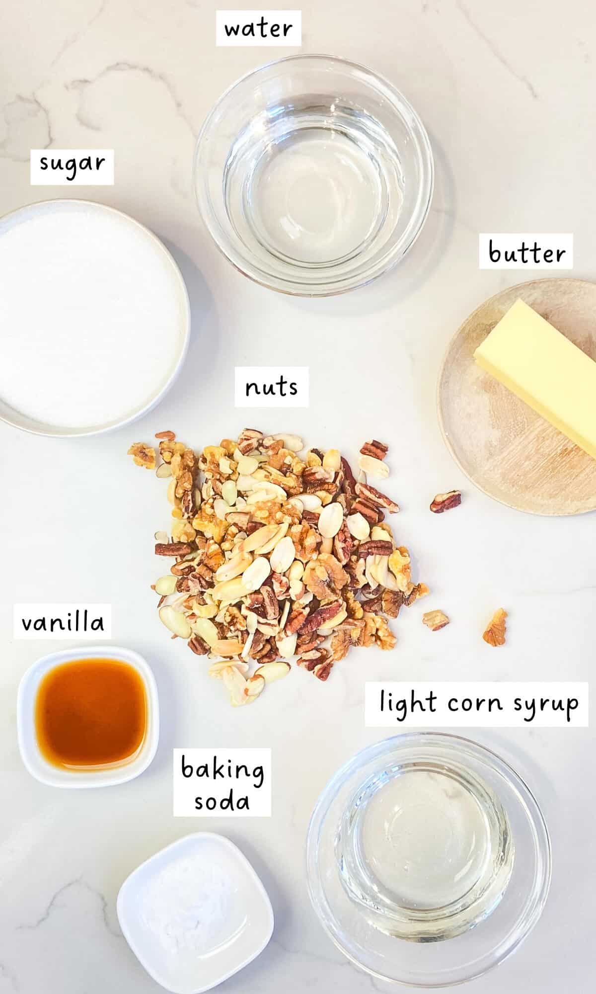 7 ingredients laid out on a white countertop.