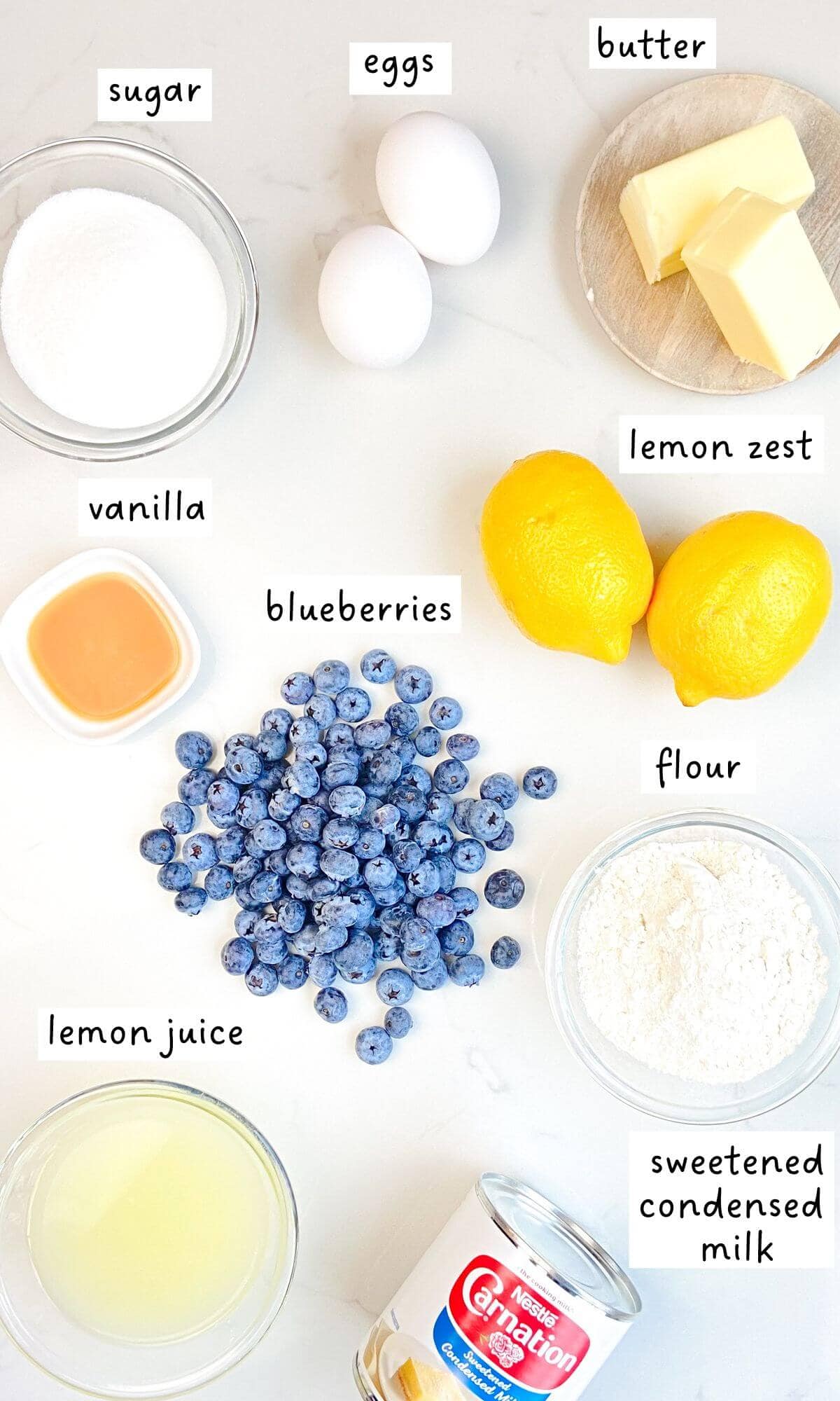 Lemon blueberry bars ingredients.