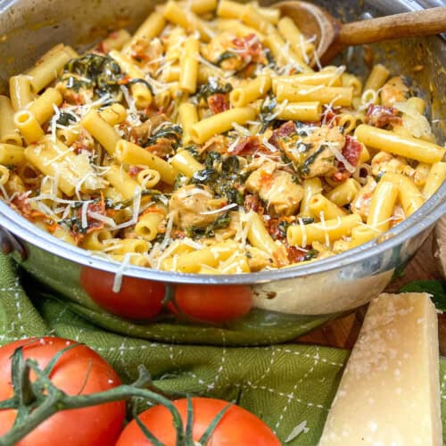 Creamy Tuscan chicken pasta, ready to serve.