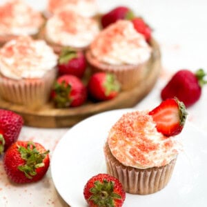 Strawberry Crunch Cupcakes with cream cheese icing.
