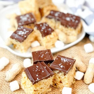 Peanut butter rice krispie treats, covered in chocolate.