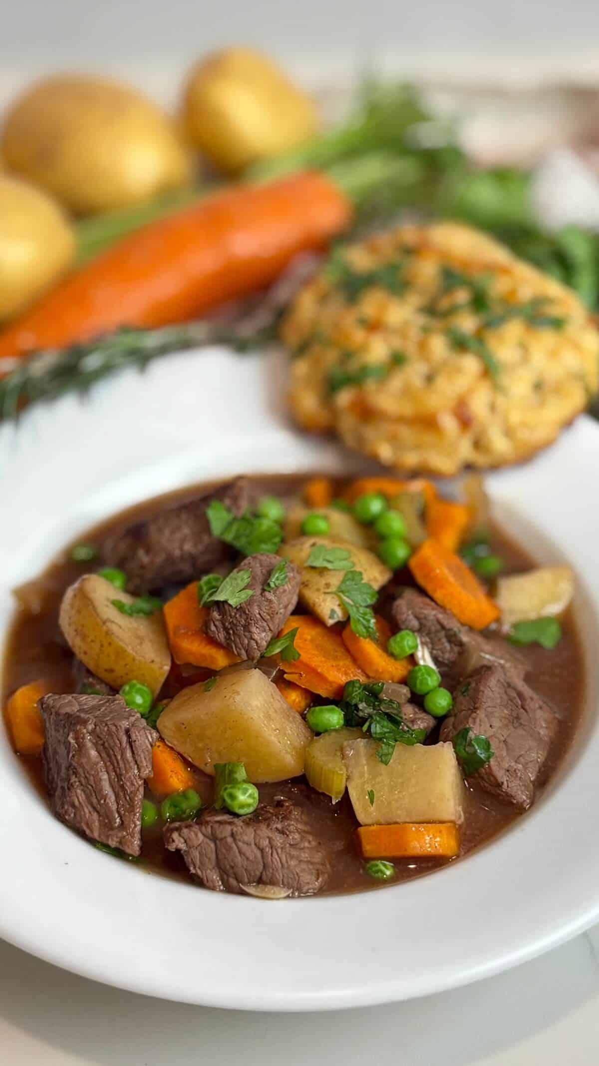Finished stew in a bowl, with a biscuit on the side.