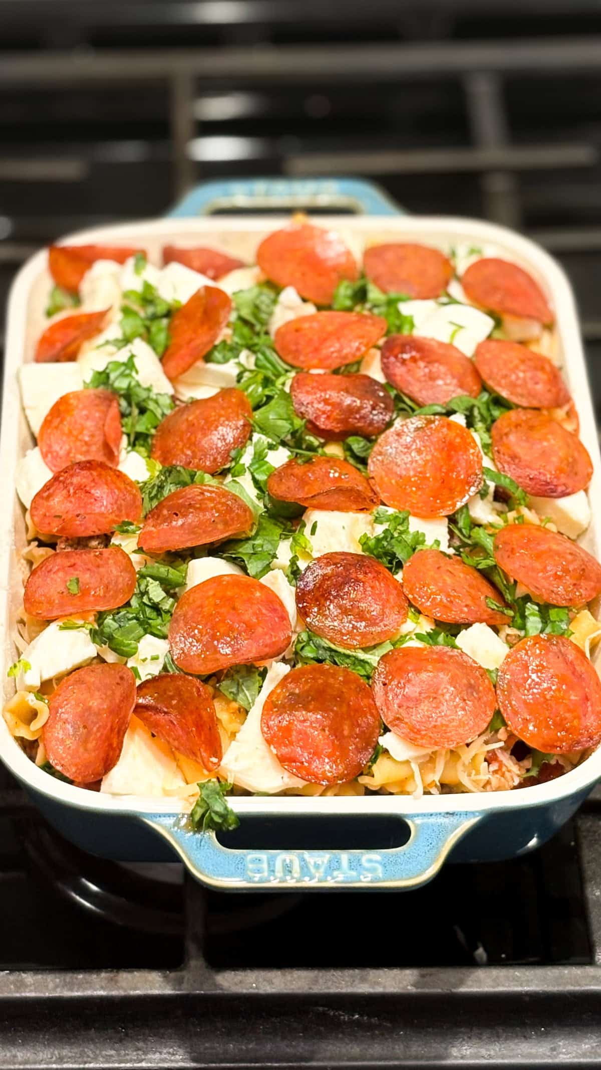 Layered casserole dish, ready to bake.